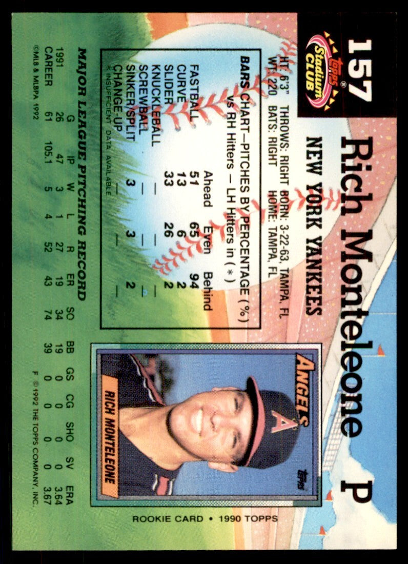 1992 Stadium Club Rich Monteleone New York Yankees #157