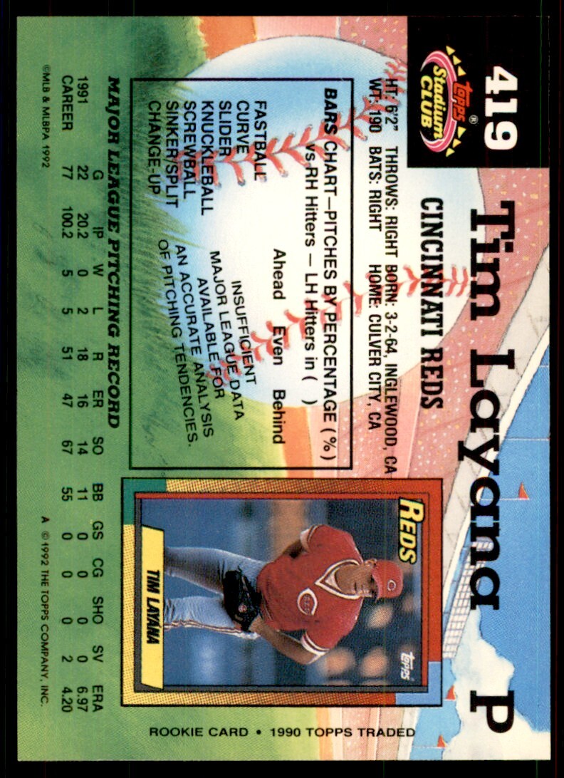 1992 Stadium Club Tim Layana Cincinnati Reds #419
