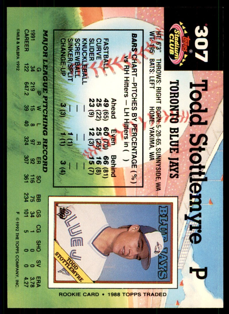 1992 Stadium Club Todd Stottlemyre Toronto Blue Jays #307