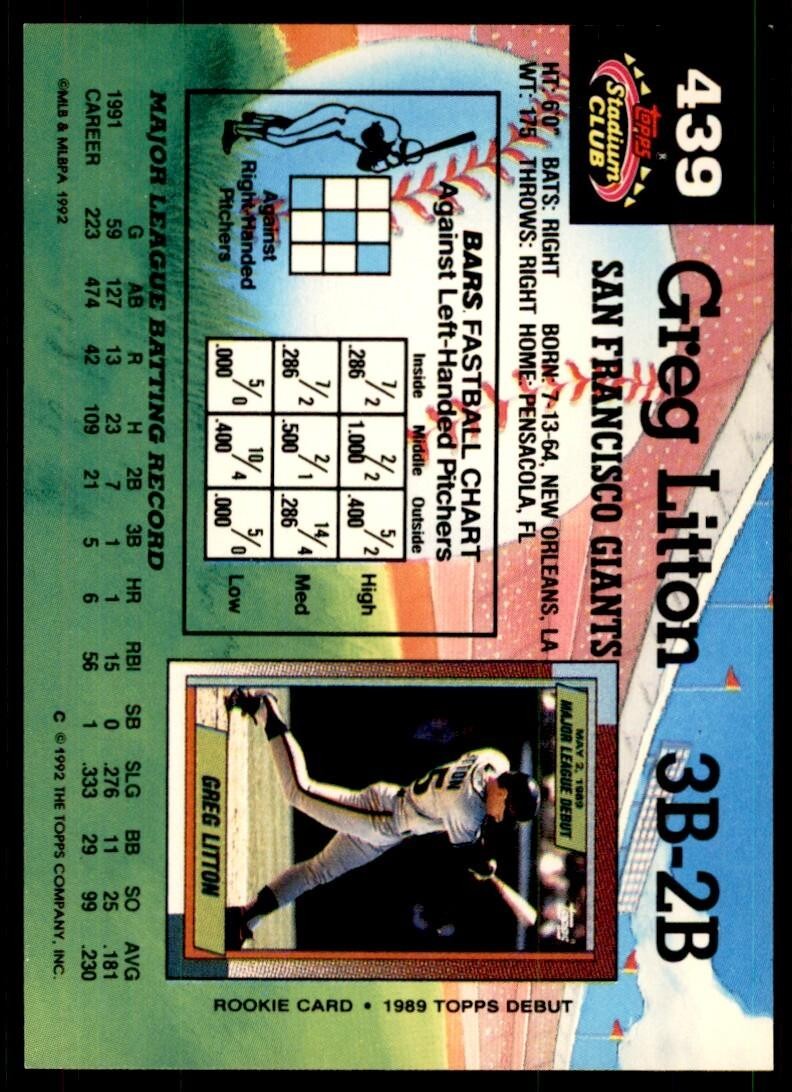 1992 Stadium Club Greg Litton San Francisco Giants #439