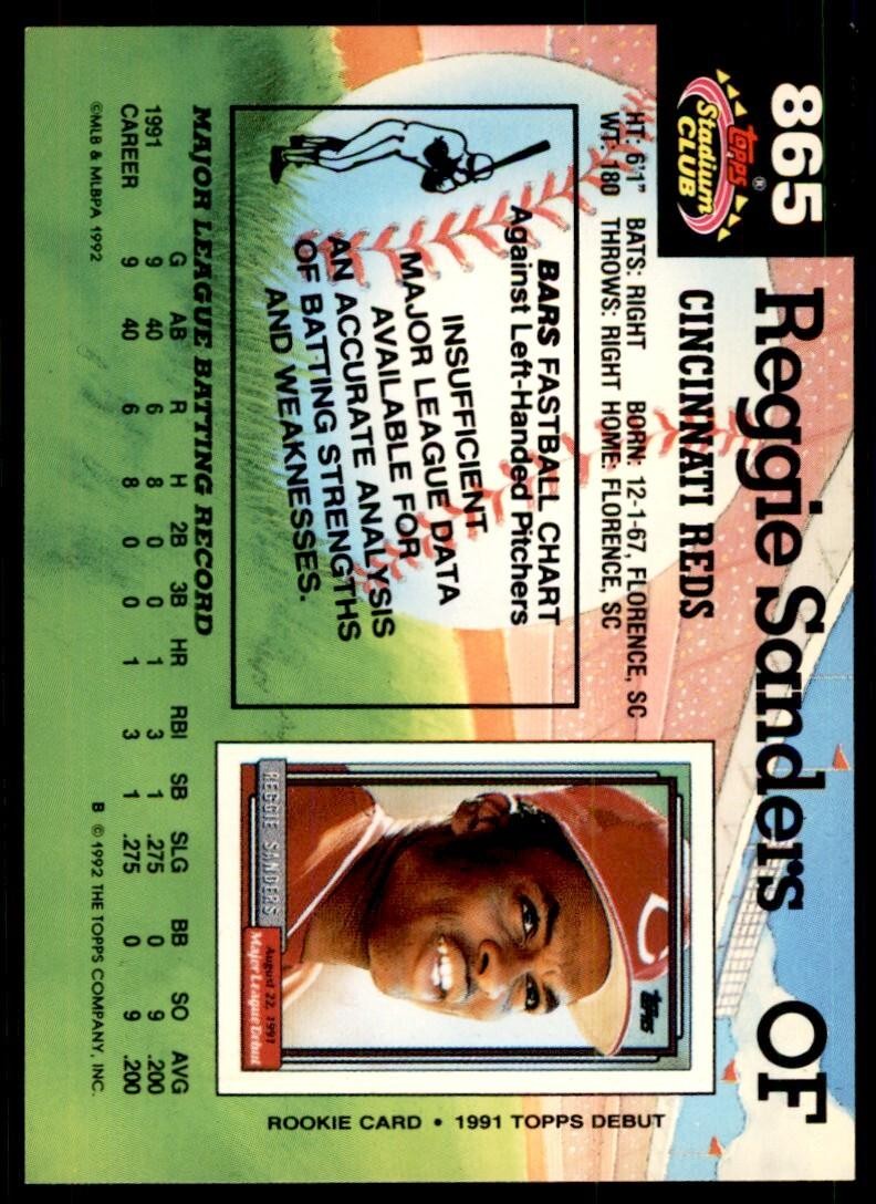 1992 Stadium Club Reggie Sanders Cincinnati Reds #865