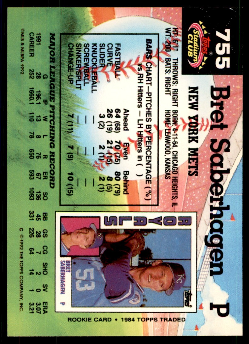 1992 Stadium Club Bret Saberhagen New York Mets #755