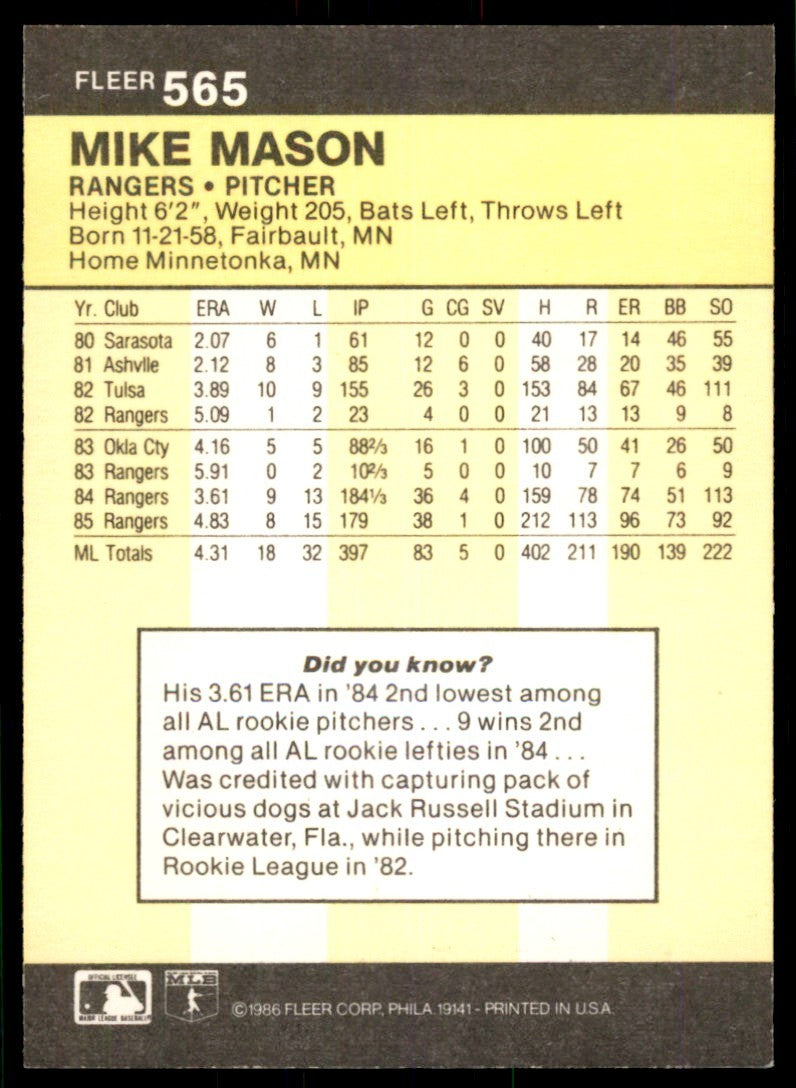 1986 Fleer Mike Mason Texas Rangers #565