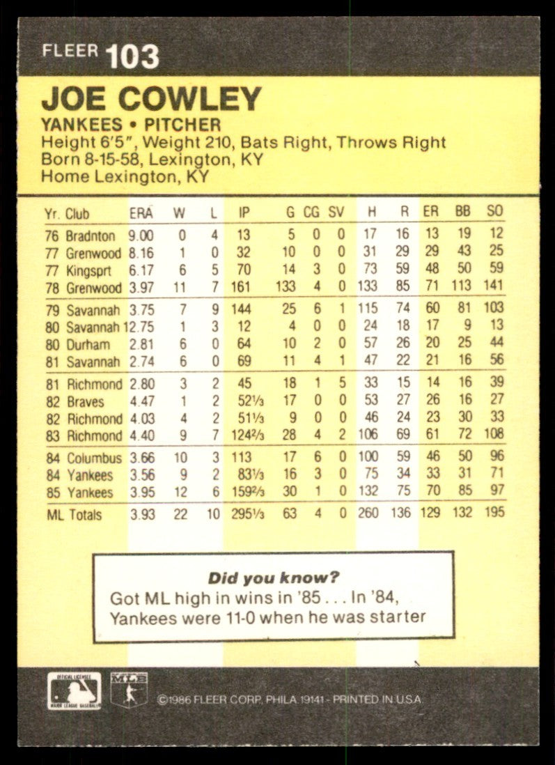 1986 Fleer Joe Cowley , New York Yankees #103