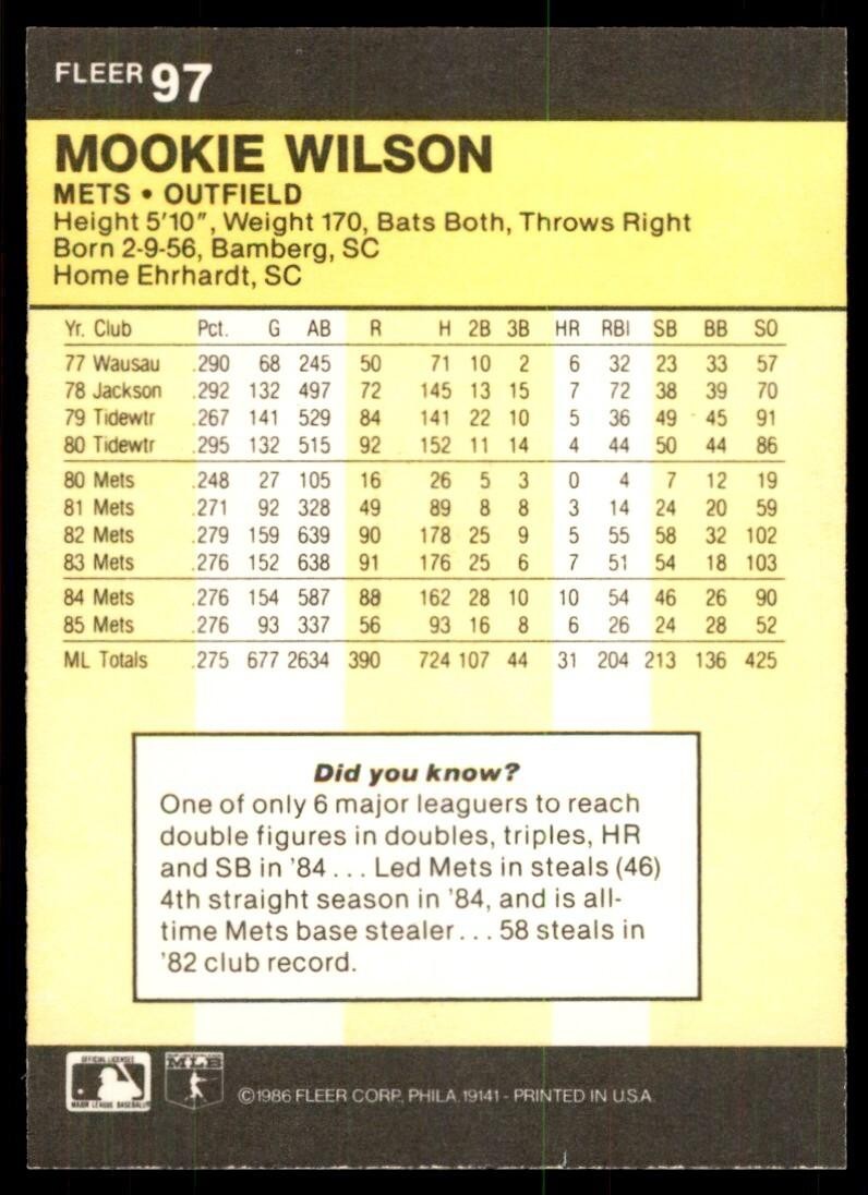 1986 Fleer Mookie Wilson . New York Mets #97