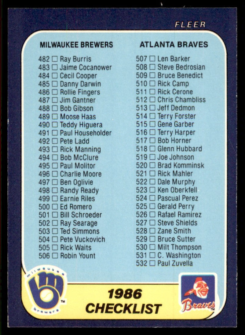 1986 Fleer Checklist: Brewers/Braves/Giants/Rangers Milwaukee Brewers/Atlanta