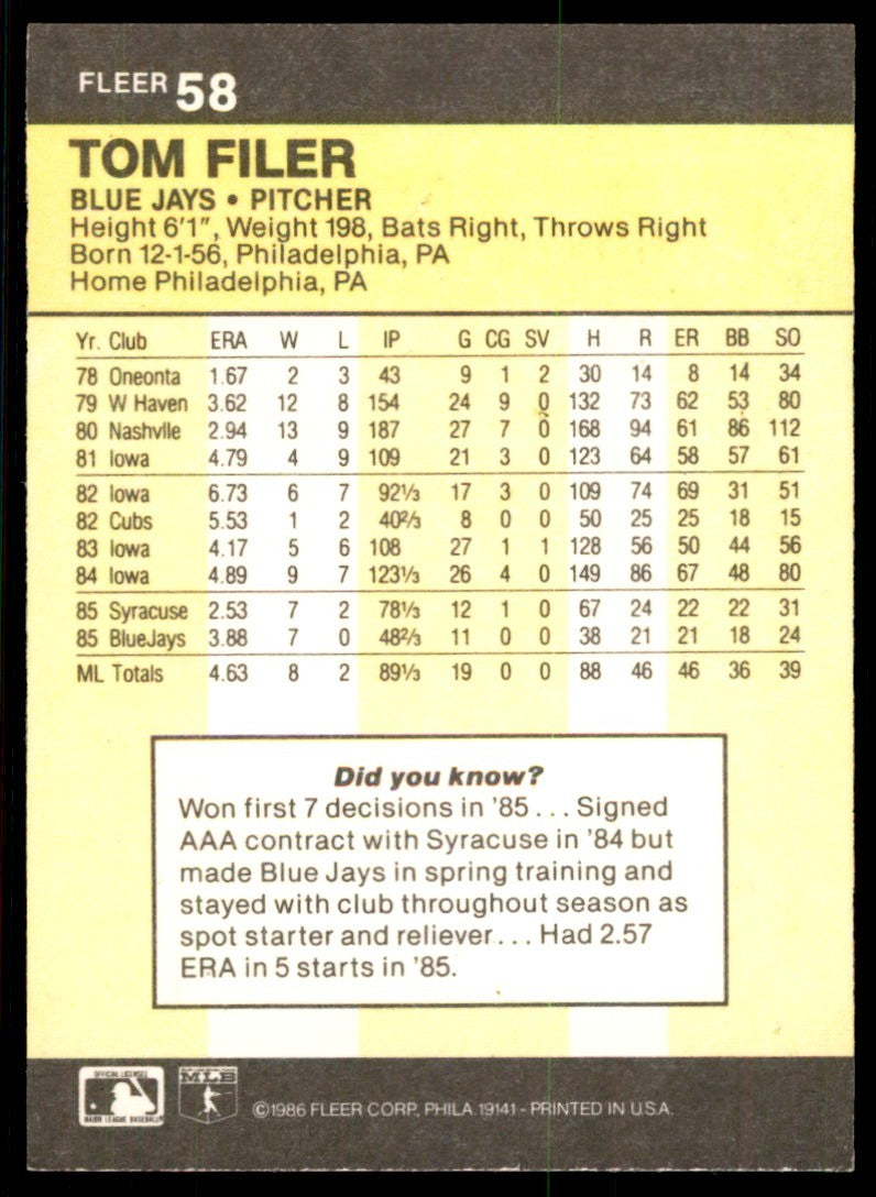 1986 Fleer Tom Filer Toronto Blue Jays #58