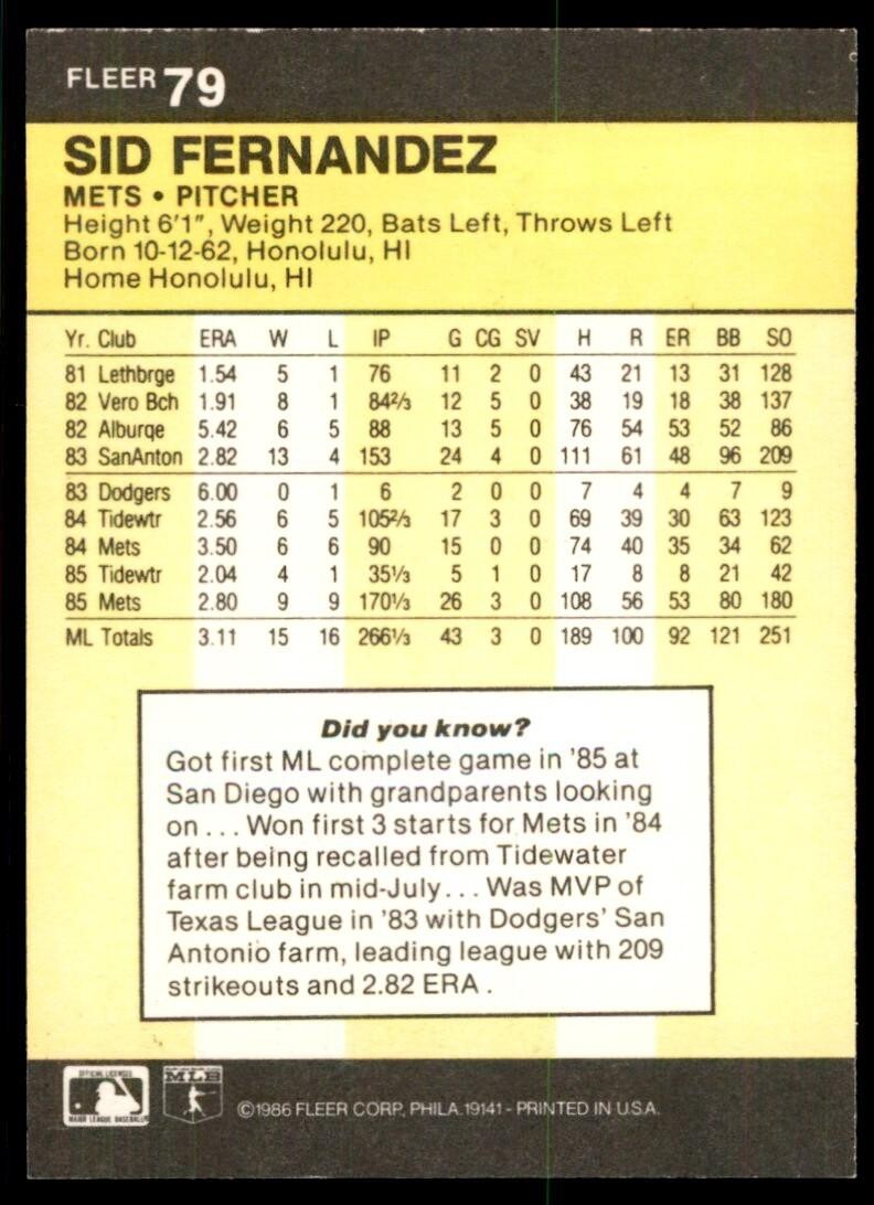1986 Fleer Sid Fernandez . New York Mets #79