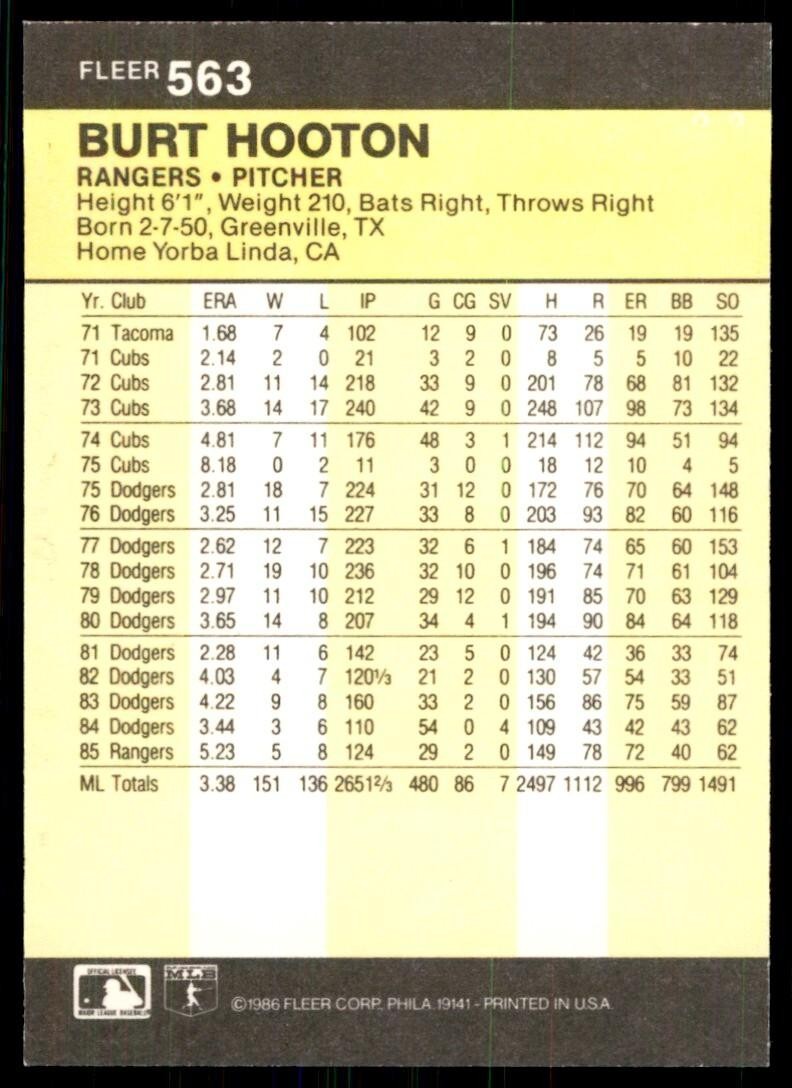 1986 Fleer Burt Hooton a Texas Rangers #563