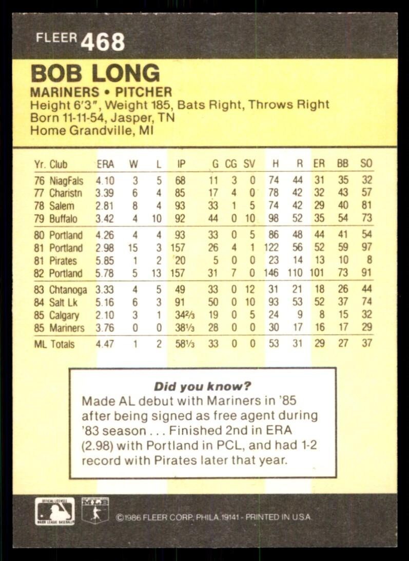 1986 Fleer Bob Long Seattle Mariners #468
