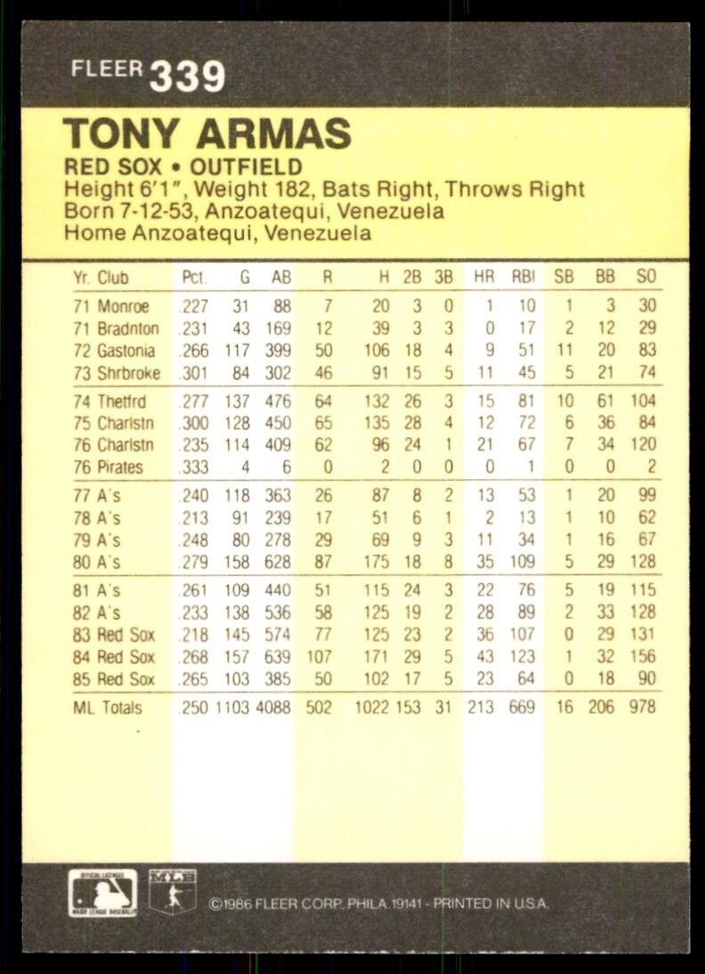 1986 Fleer Tony Armas . Boston Red Sox #339