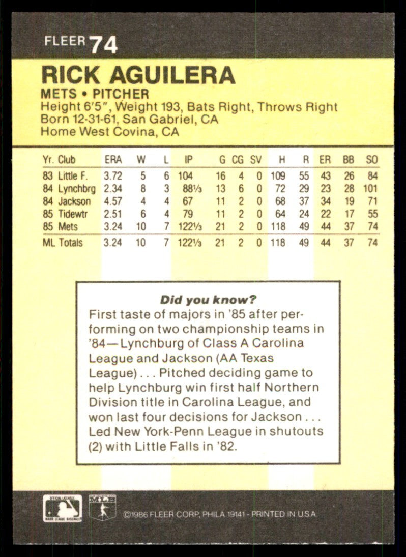 1986 Fleer Rick Aguilera Rookie a New York Mets #74