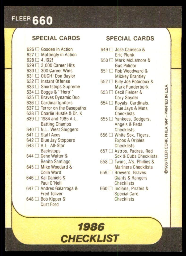 1986 Fleer Checklist: Indians/Pirates/Special Cards Cleveland Indians/Pittsburgh