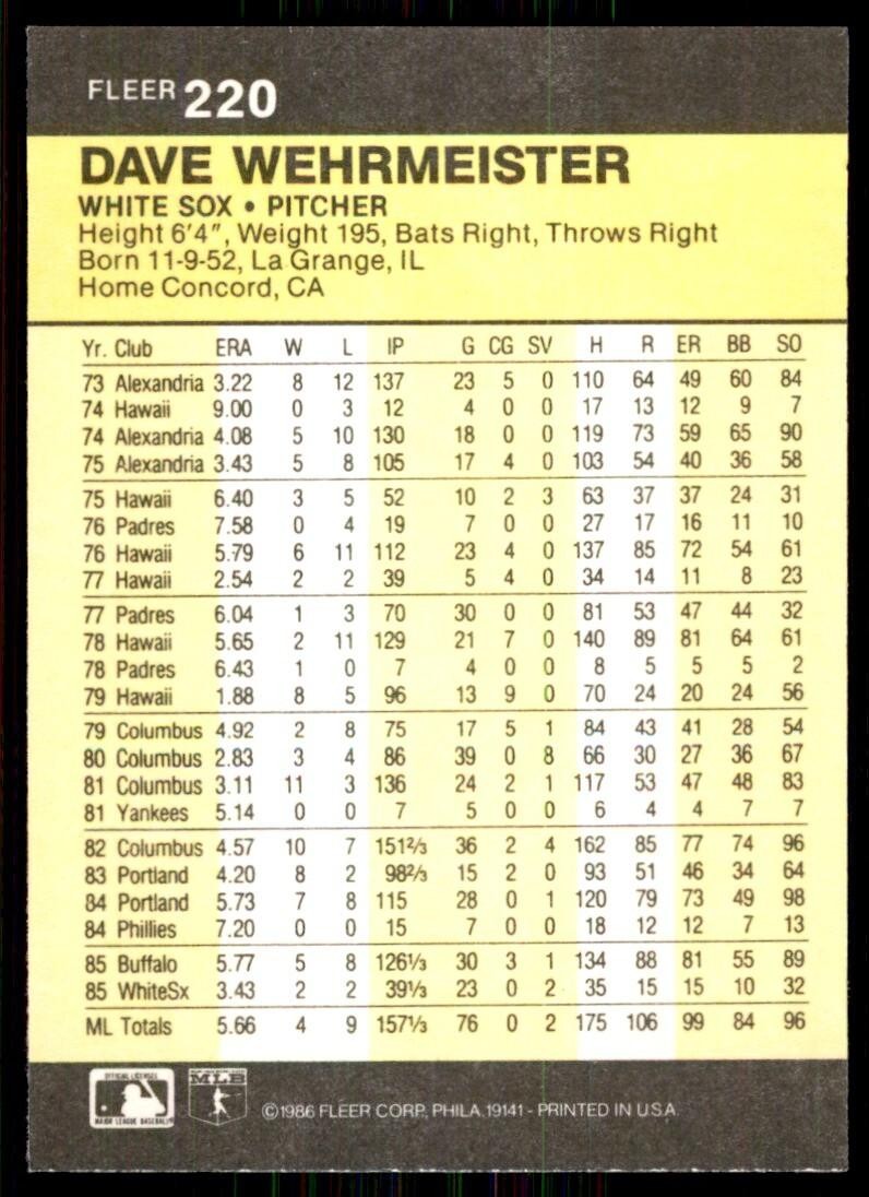 1986 Fleer Dave Wehrmeister . Chicago White Sox #220