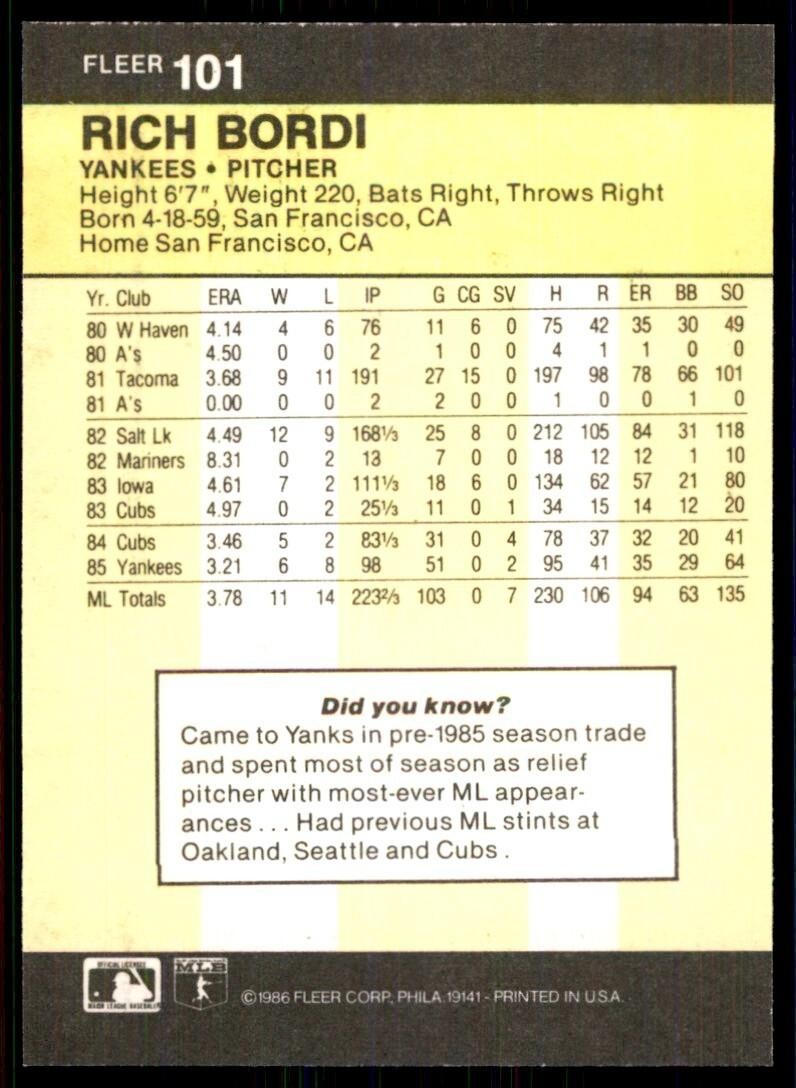 1986 Fleer Rich Bordi . New York Yankees #101