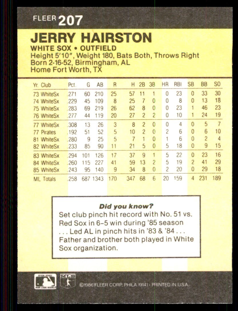 1986 Fleer Jerry Hairston Chicago White Sox #207