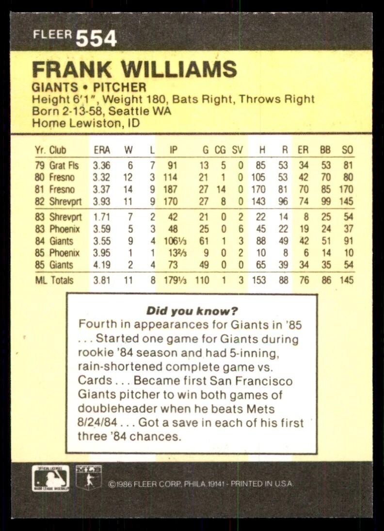 1986 Fleer Frank Williams San Francisco Giants #554