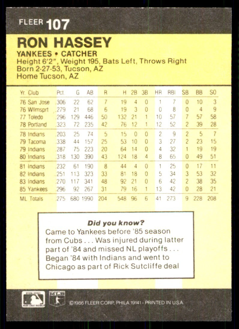 1986 Fleer Ron Hassey c New York Yankees #107