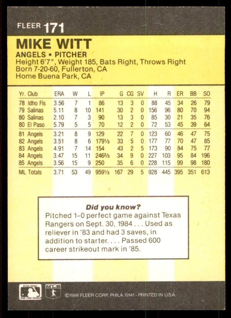 1986 Fleer Mike Witt b California Angels #171