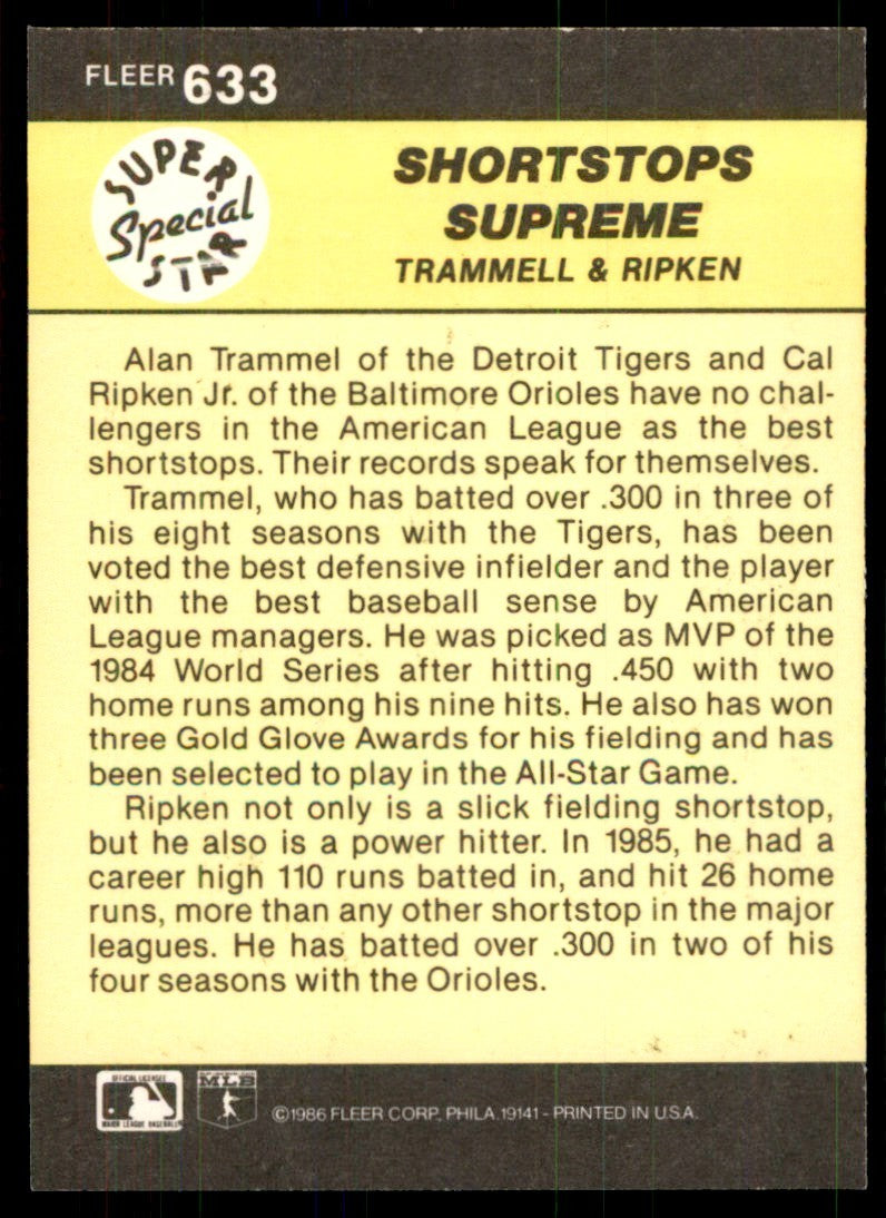1986 Fleer Alan Trammell/Cal Ripken, Jr. b Detroit Tigers/Baltimore Orioles #633