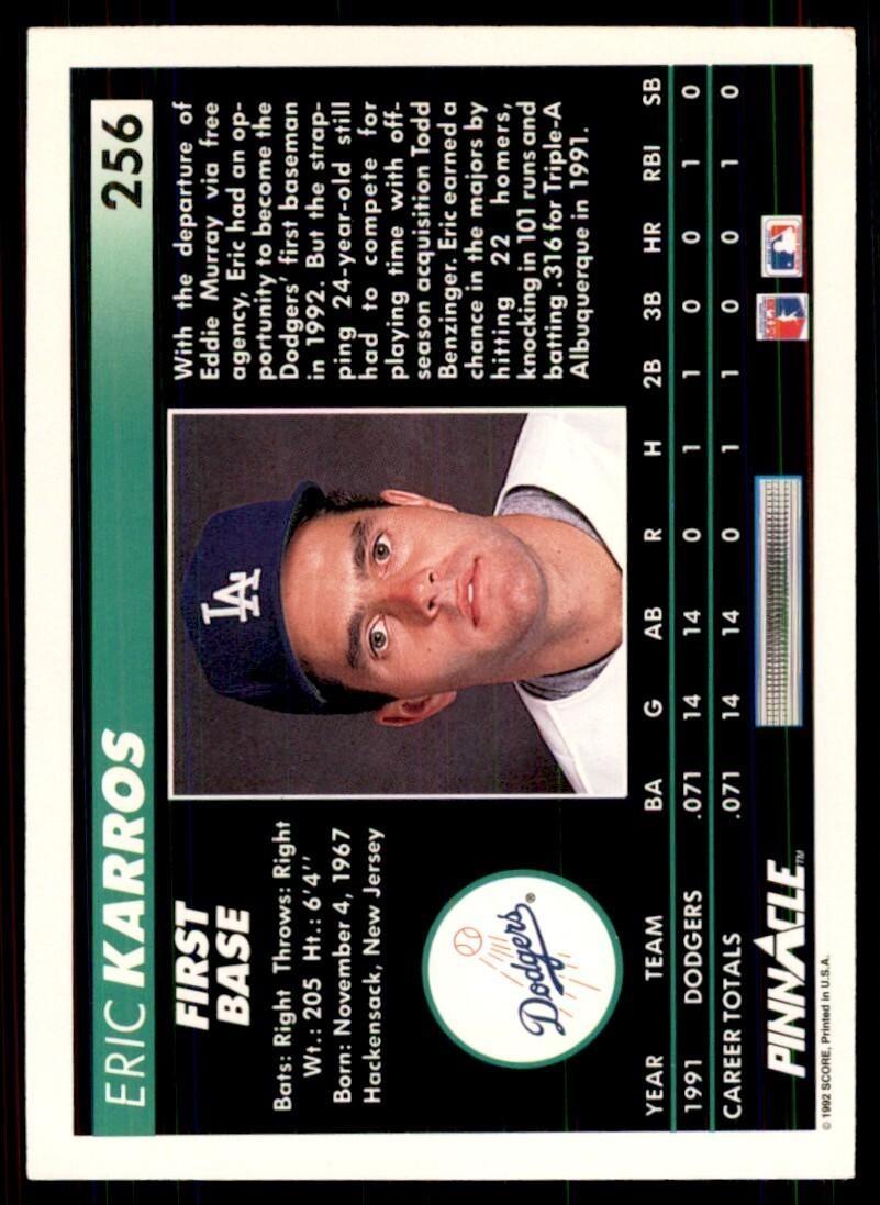1992 Pinnacle Eric Karros Baseball Cardss #256