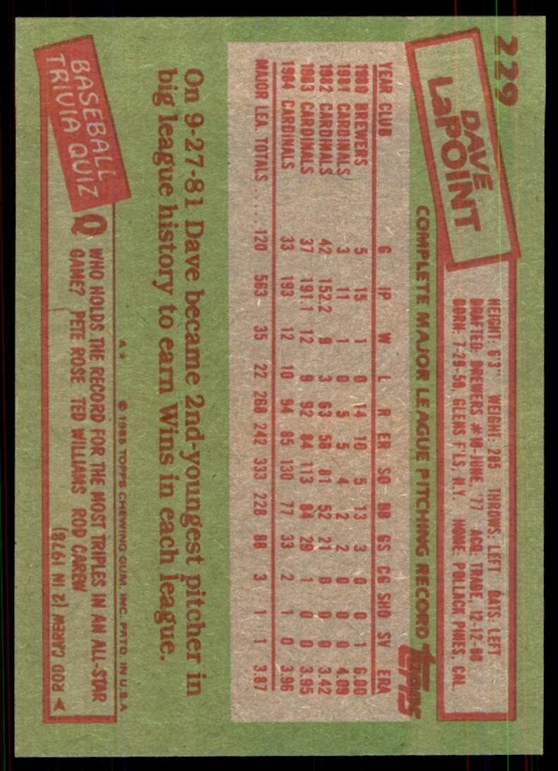 1985 Topps Dave LaPoint B Baseball Cards #229