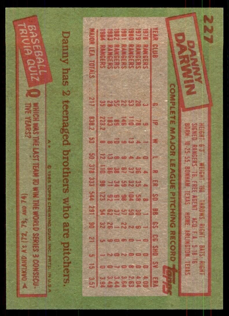 1985 Topps Danny Darwin B Baseball Cards #227