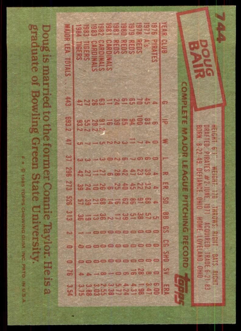 1985 Topps Doug Bair B Baseball Cards #744