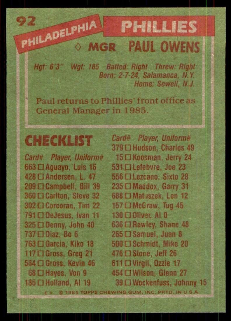 1985 Topps: Paul Owens B Baseball Cards #92