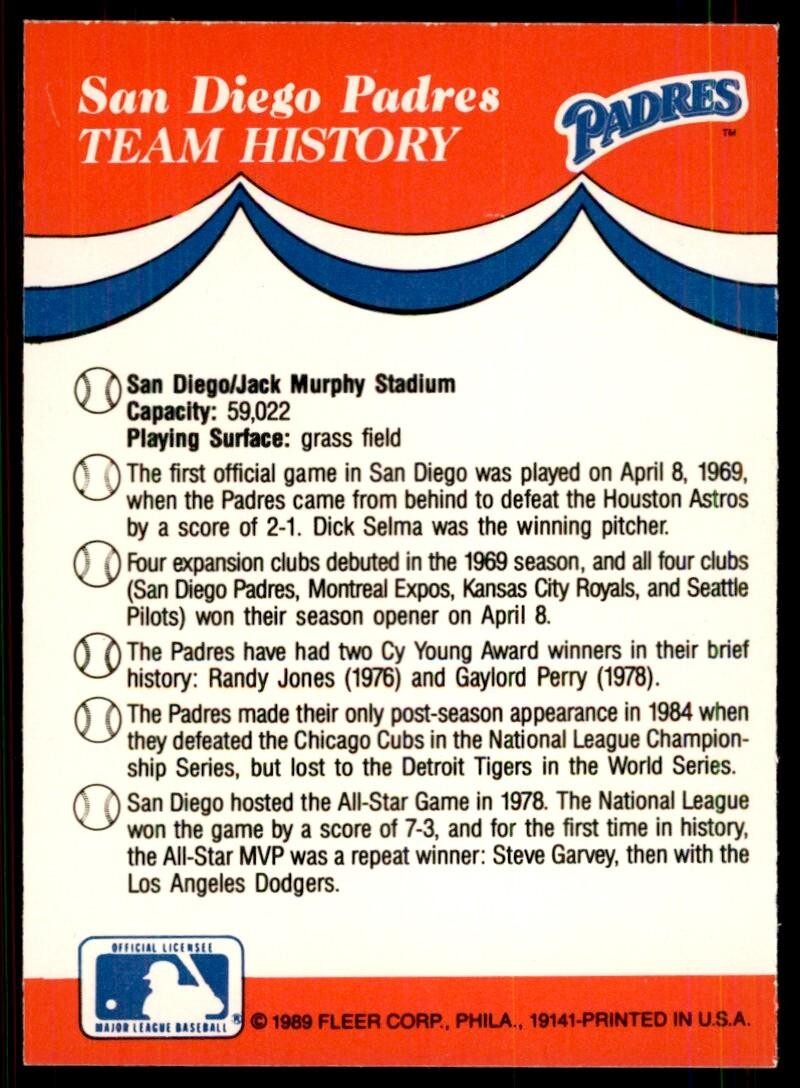 1989 Fleer San Diego Padres A Baseball Cards