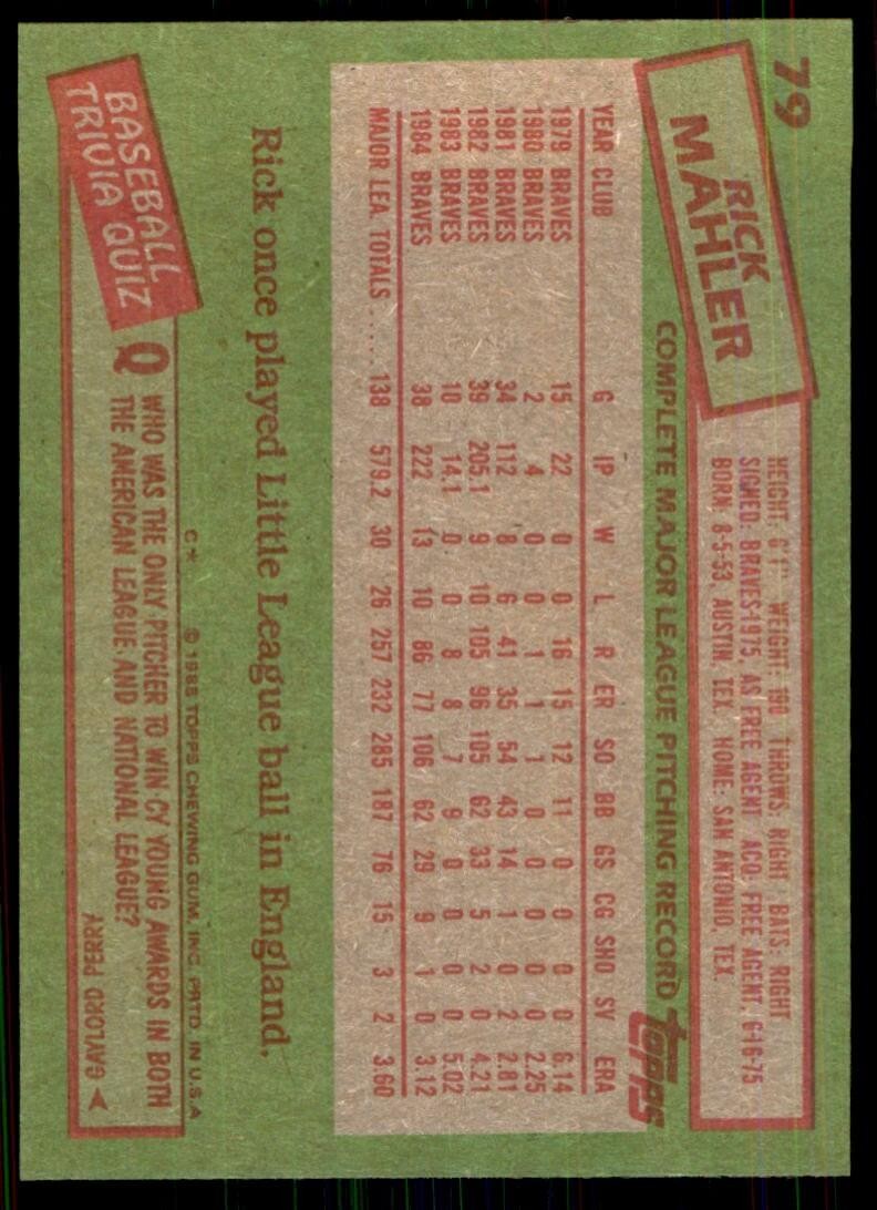 1985 Topps Rick Mahler C Baseball Cards #79