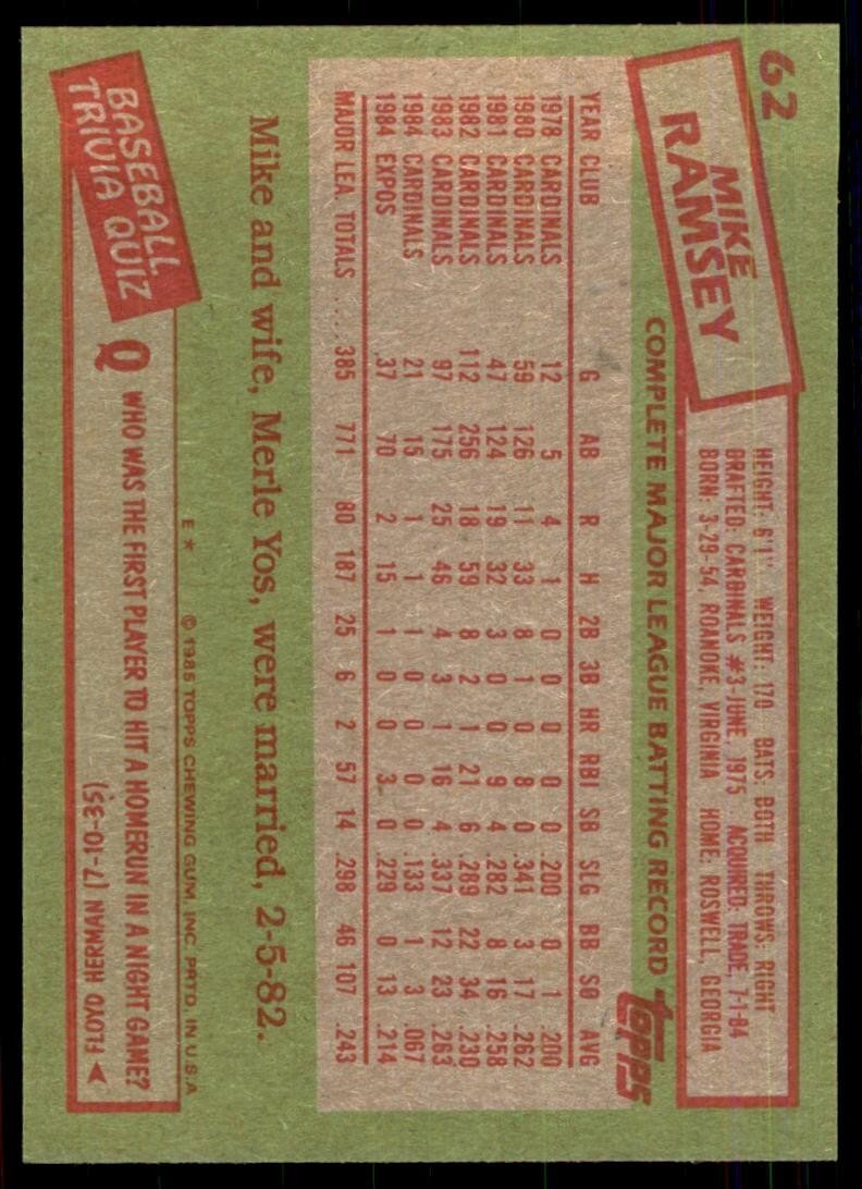 1985 Topps Mike Ramsey A Baseball Cards #62