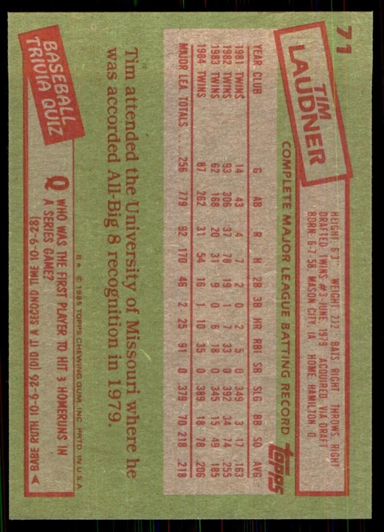1985 Topps Tim Laudner A Baseball Cards #71