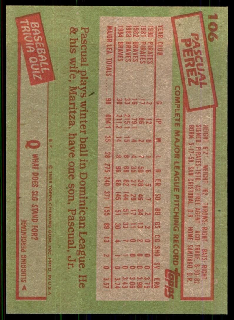 1985 Topps! Pascual Perez C Baseball Cards #106