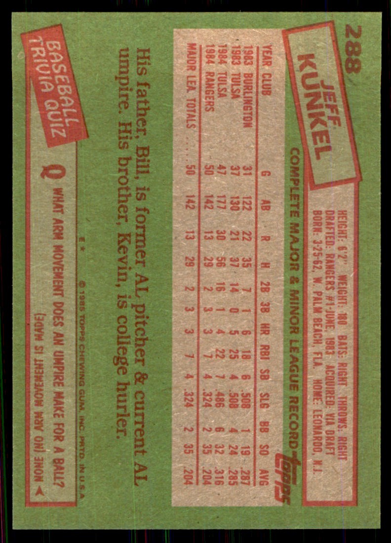1985 Topps Baseball Card Jeff Kunkel C Baseball Cards #288