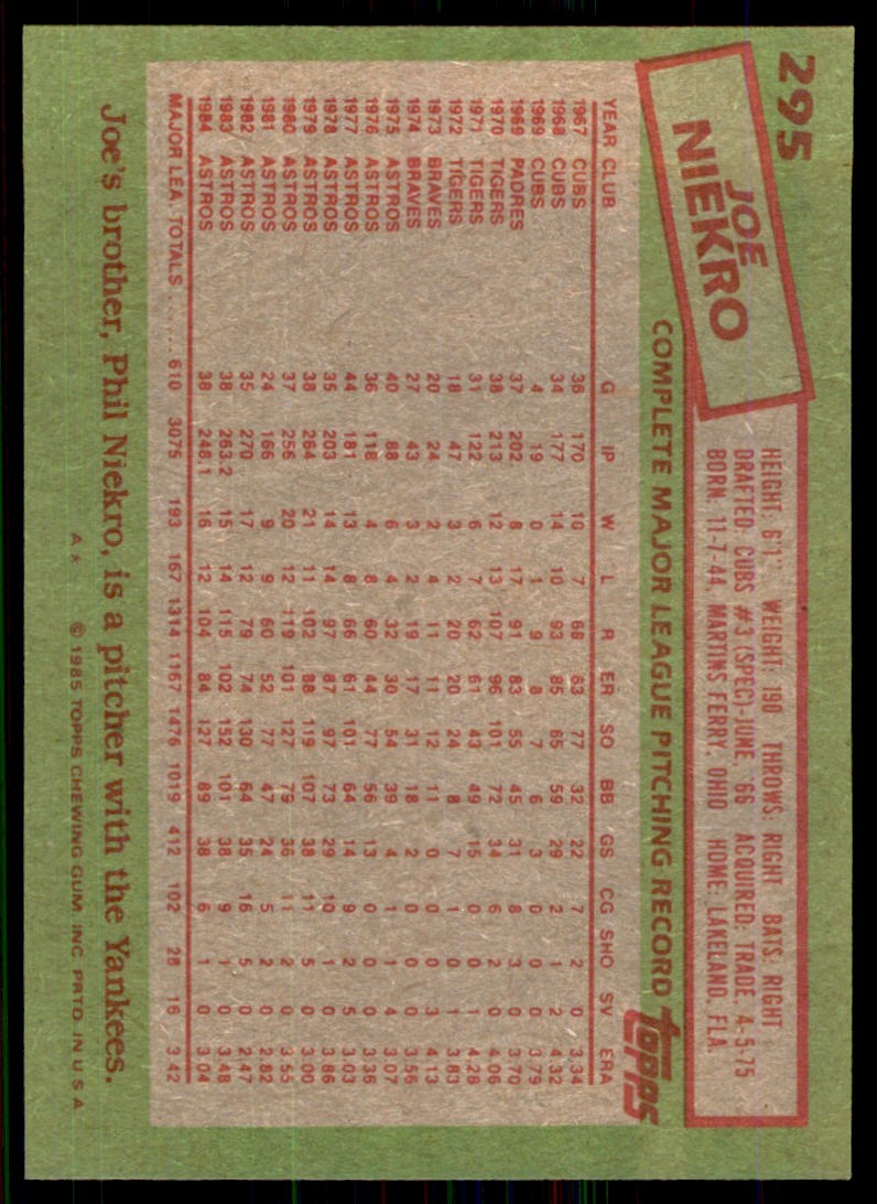 1985 Topps Baseball Card Joe Niekro A Baseball Cards #295