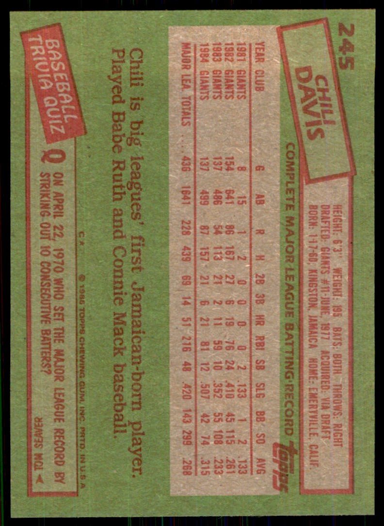 1985 Topps Baseball Card Chili Davis C Baseball Cards #245