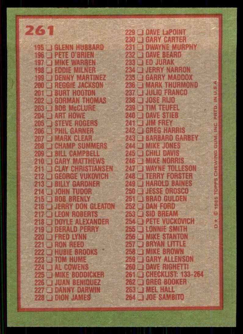 1985 Topps Baseball Card Checklist: 133-264 A Baseball Cards #261