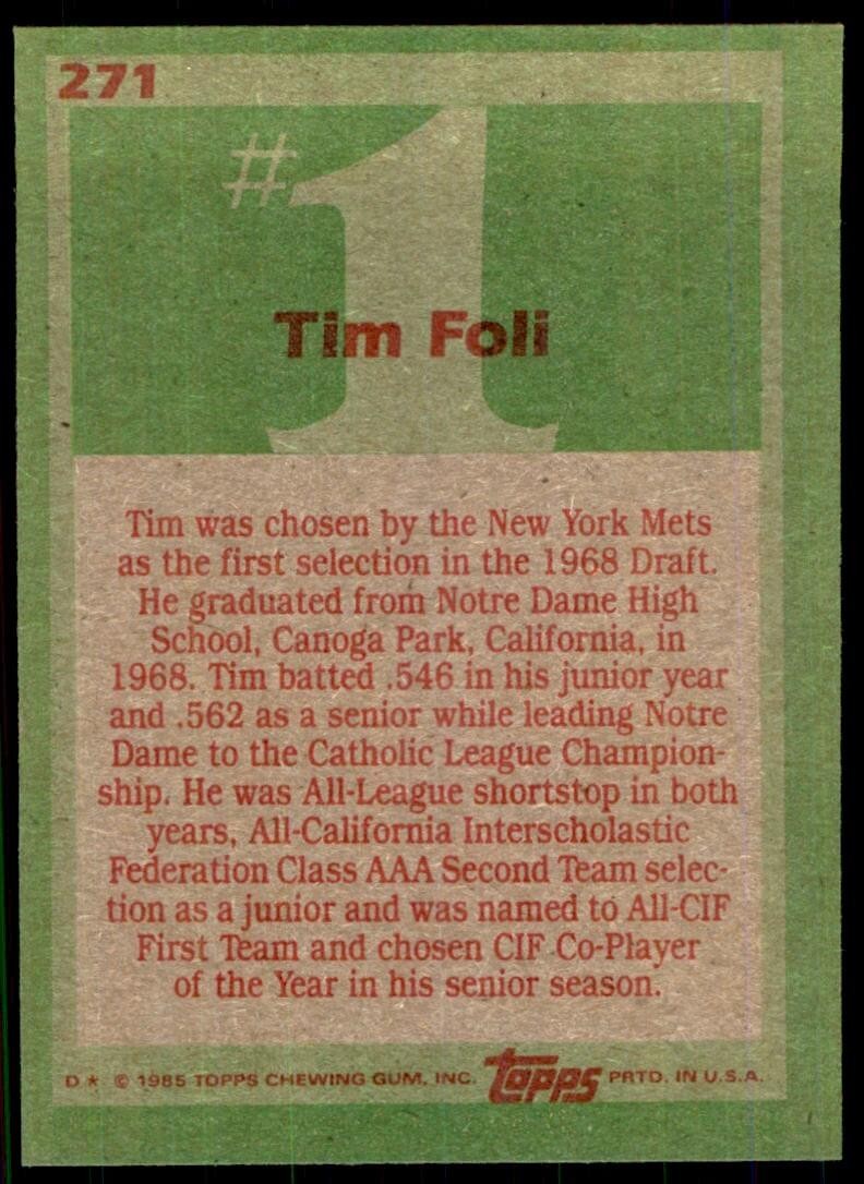 1985 Topps Baseball Card Tim Foli C Baseball Cards #271