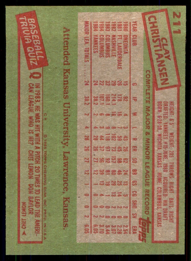 1985 Topps Baseball Card Clay Christiansen Rookie New York Yankees #211