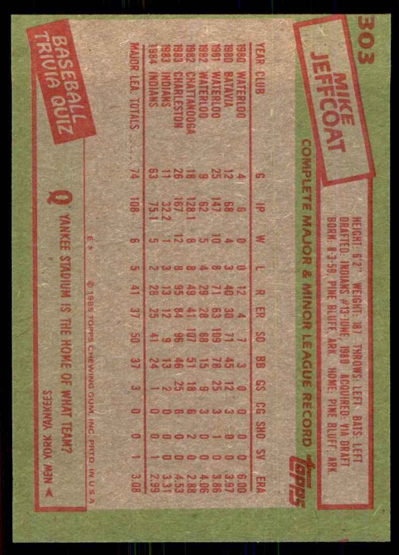 1985 Topps Baseball Card Mike Jeffcoat .. Cleveland Indians #303