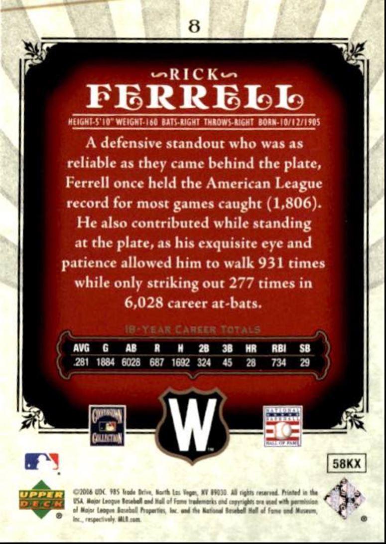 2006 SP Legendary Cuts Baseball Card Rick Ferrell Washington Senators #8