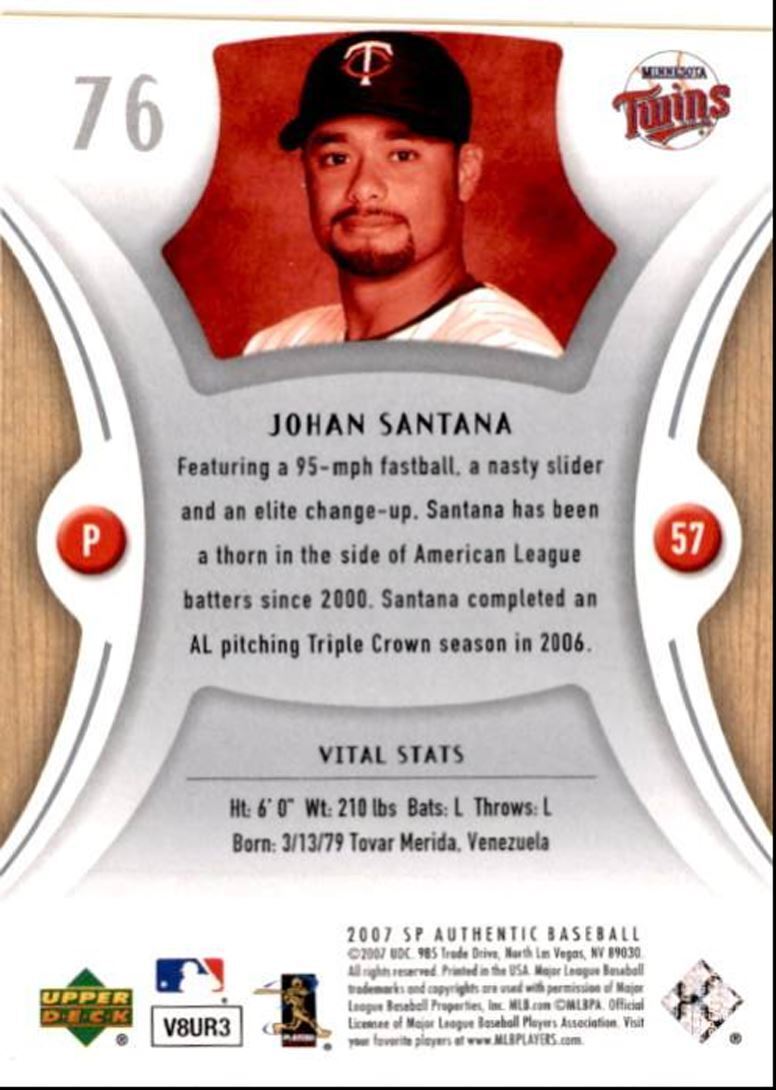 2007 SP Authentic Baseball Card Johan Santana Minnesota Twins #76