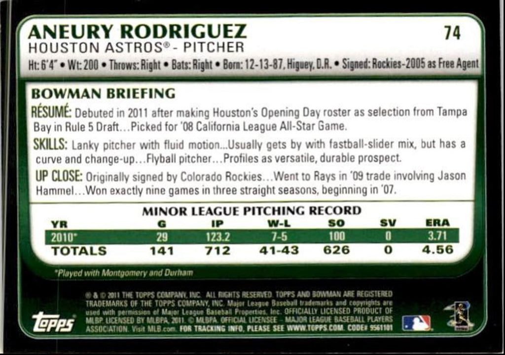 2011 Bowman Baseball Card Aneury Rodriguez Rookie Houston Astros #74