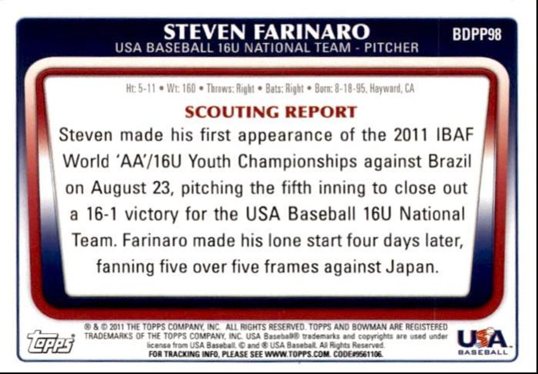 2011 Bowman Draft Picks & Prospects Steven Farinaro a USA #BDPP98