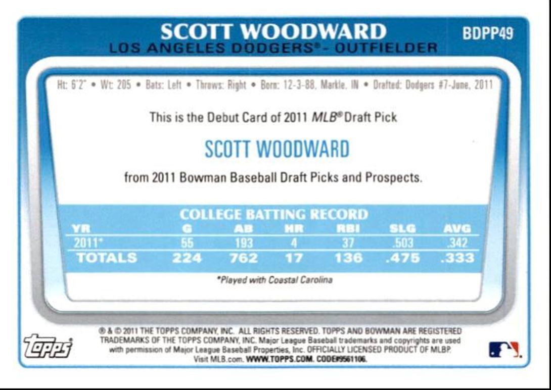 2011 Bowman Draft Picks & Prospects Scott Woodward A Los Angeles Dodgers #BDPP49