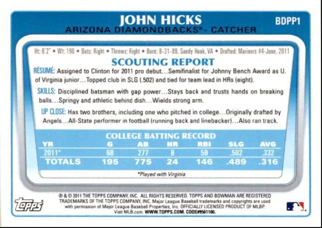 2011 Bowman Draft Picks & Prospects John Hicks Arizona Diamondbacks #BDPP1