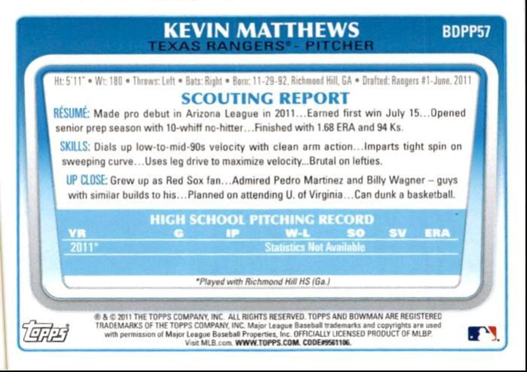 2011 Bowman Draft Picks & Prospects Kevin Matthews A Texas Rangers #BDPP57