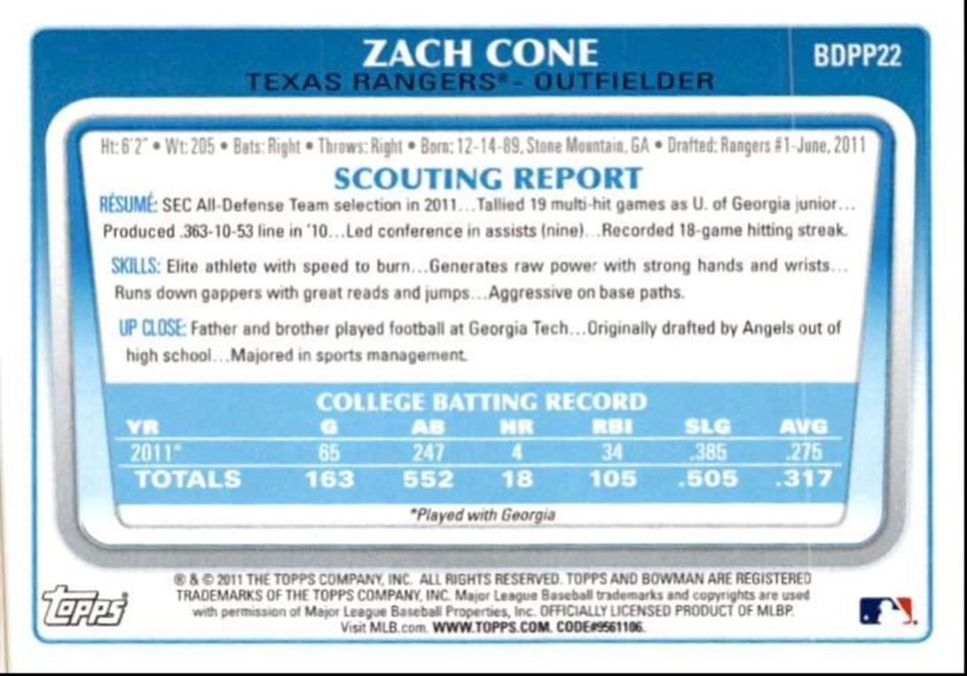 2011 Bowman Draft Picks & Prospects Zach Cone A Texas Rangers #BDPP22