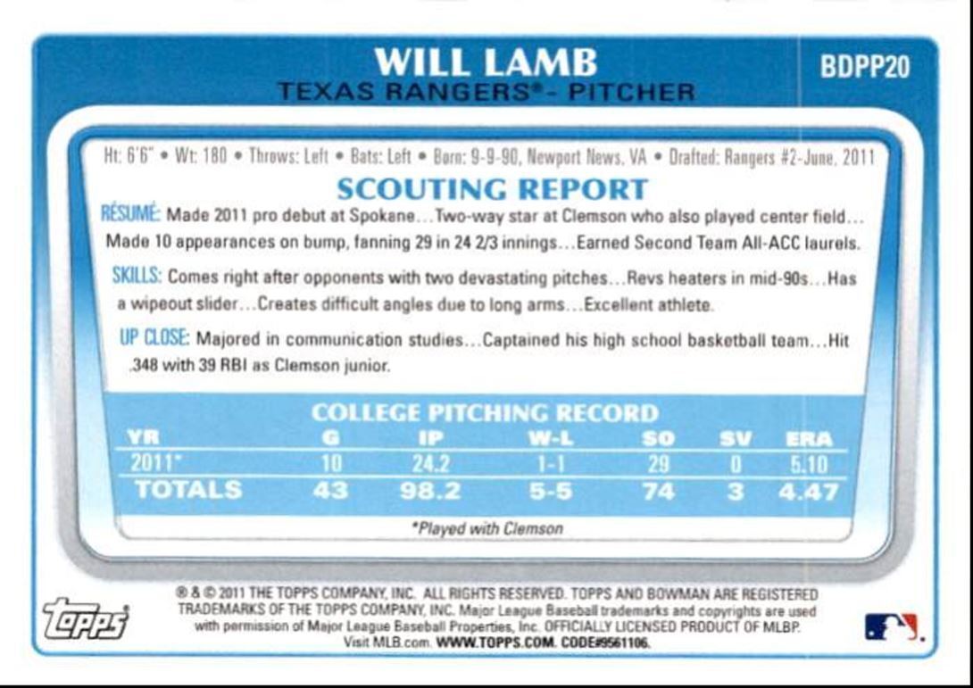 2011 Bowman Draft Picks & Prospects Will Lamb B Texas Rangers #BDPP20